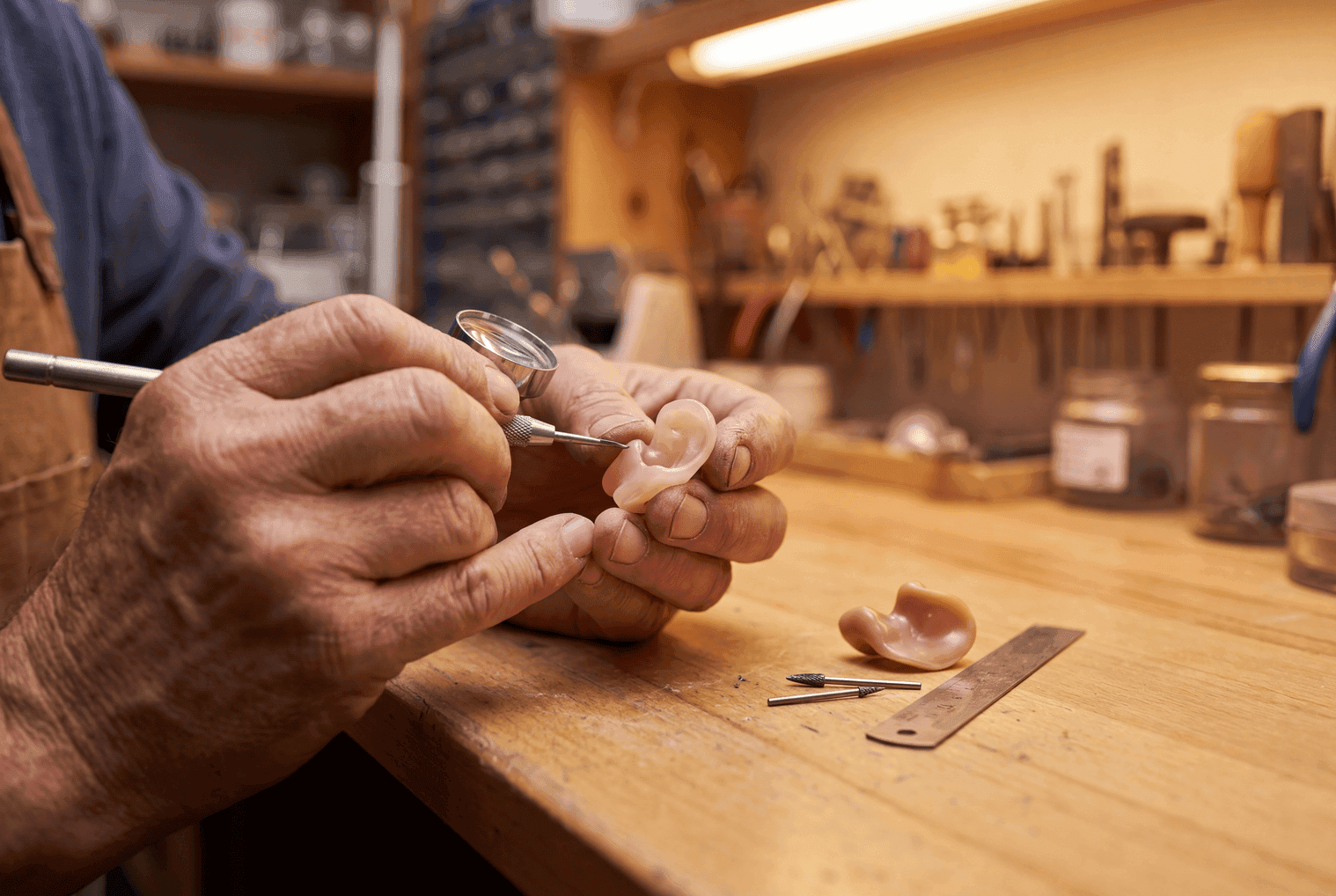Hände bei der handwerklichen Anfertigung eines Ohrpassstücks in der Werkstatt